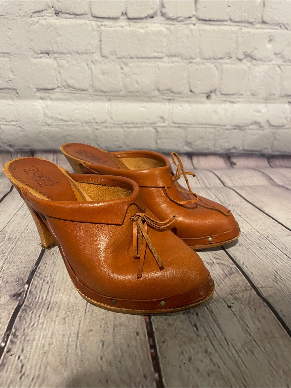 Sporto Cognac Leather Clog Mules with Tassel Accent